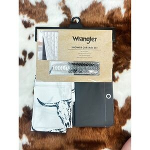 Wrangler Shower Curtain Set White Black Steer Skull Longhorn Western 14 Piece